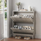 Shoe Cabinet with 2 Flip Drawers, Fluted Shoe Storage Cabinet for Entryway, Free Standing Shoe Storage Organizer with Wave Doors