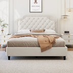 Modern Queen Size Upholstered Bed with Ruched and Button Tufted Headboard, Wooden Frame with Metal Base, No Box Spring Needed