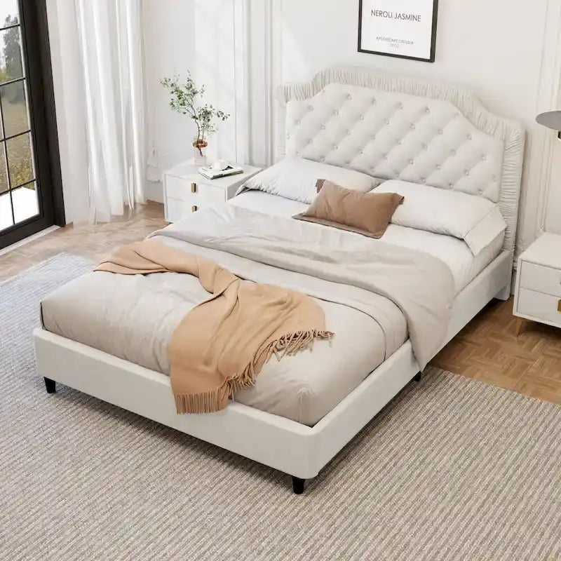 Modern Queen Size Upholstered Bed with Ruched and Button Tufted Headboard, Wooden Frame with Metal Base, No Box Spring Needed