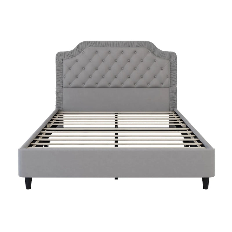Modern Queen Size Upholstered Bed with Ruched and Button Tufted Headboard, Wooden Frame with Metal Base, No Box Spring Needed