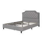 Modern Queen Size Upholstered Bed with Ruched and Button Tufted Headboard, Wooden Frame with Metal Base, No Box Spring Needed