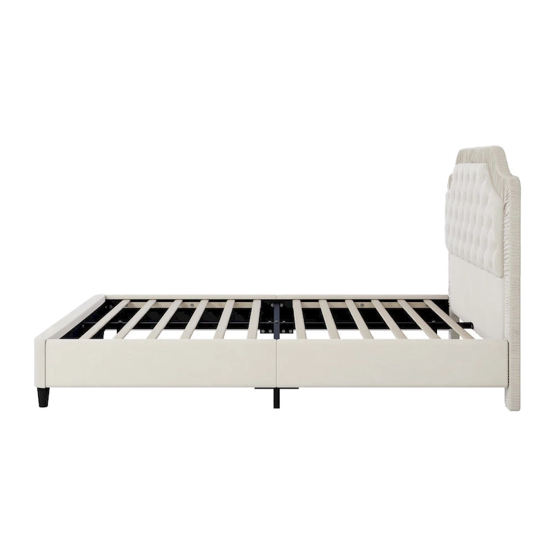 Modern Queen Size Upholstered Bed with Ruched and Button Tufted Headboard, Wooden Frame with Metal Base, No Box Spring Needed