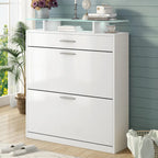 Slim Entryway Organizer with 2 Flip Drawers, Tempered Glass Top Shoe Storage Cabinet with Drawer
