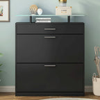 Slim Entryway Organizer with 2 Flip Drawers, Tempered Glass Top Shoe Storage Cabinet with Drawer