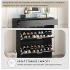 Slim Entryway Organizer with 2 Flip Drawers, Tempered Glass Top Shoe Storage Cabinet with Drawer