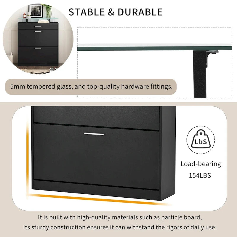 Slim Entryway Organizer with 2 Flip Drawers, Tempered Glass Top Shoe Storage Cabinet with Drawer