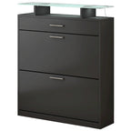 Slim Entryway Organizer with 2 Flip Drawers, Tempered Glass Top Shoe Storage Cabinet with Drawer