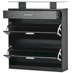 Slim Entryway Organizer with 2 Flip Drawers, Tempered Glass Top Shoe Storage Cabinet with Drawer