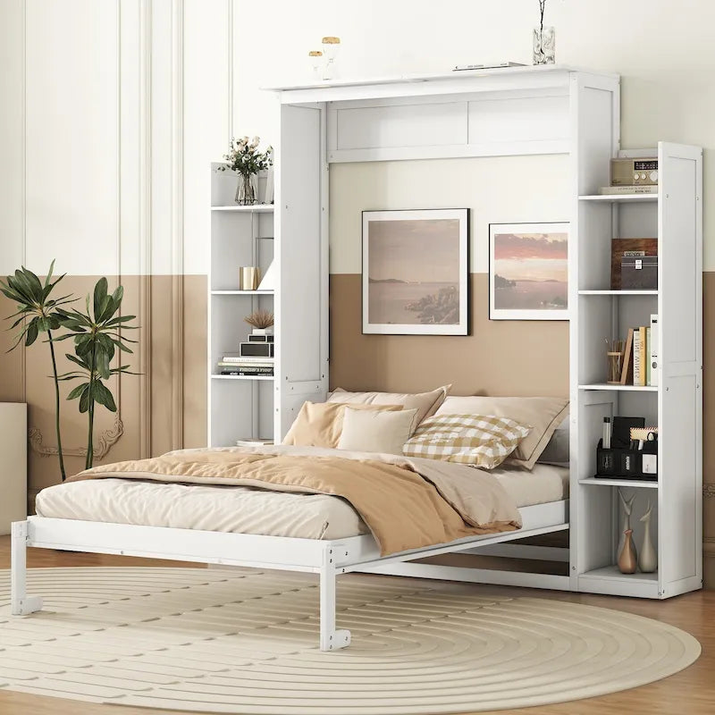 Full Size Murphy Bed Wall Bed with Shelves and LED Lights