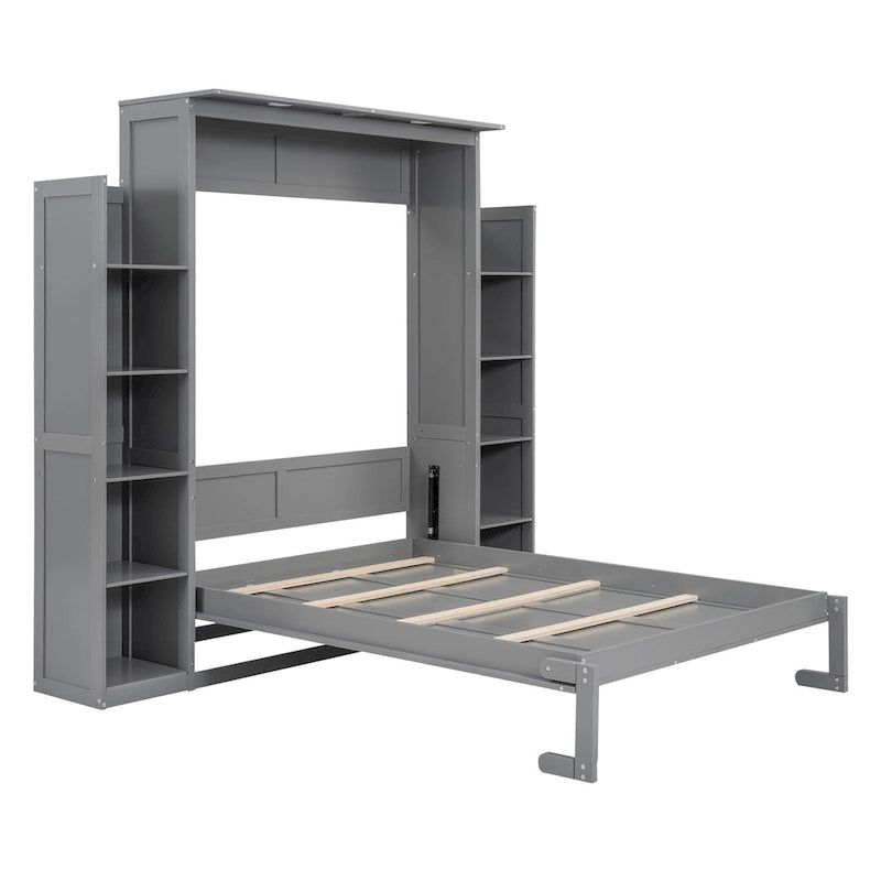 Full Size Murphy Bed Wall Bed with Shelves and LED Lights
