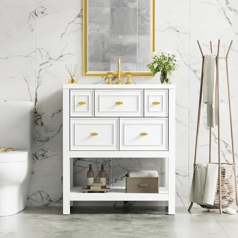 30 Bathroom Vanity with Ceramic Sink Combo, Free Standing Single Vanity Set with 5 Drawers