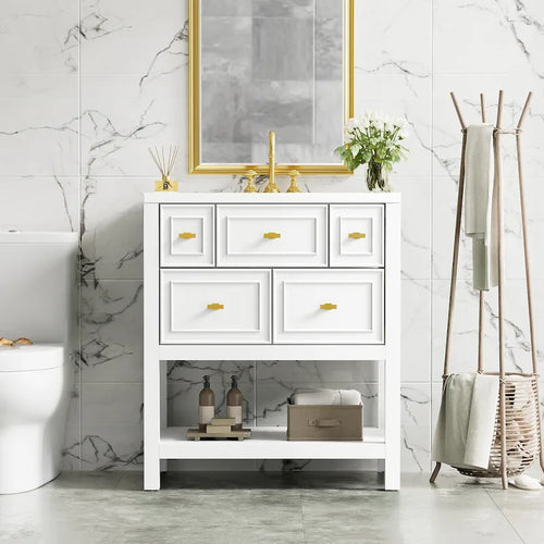 30 Bathroom Vanity with Ceramic Sink Combo, Free Standing Single Vanity Set with 5 Drawers