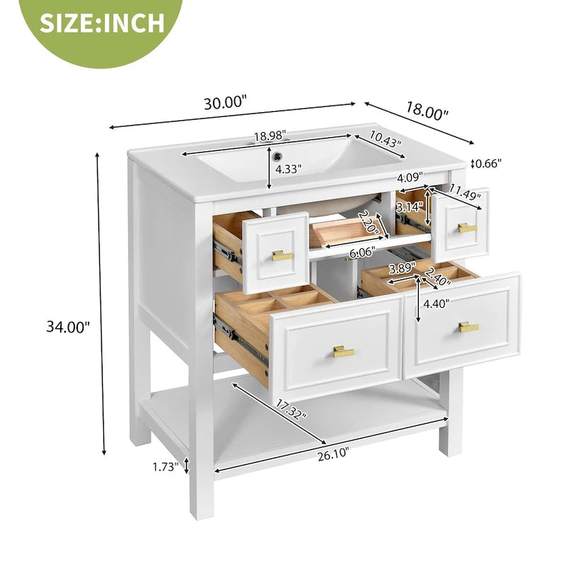 30 Bathroom Vanity with Ceramic Sink Combo, Free Standing Single Vanity Set with 5 Drawers