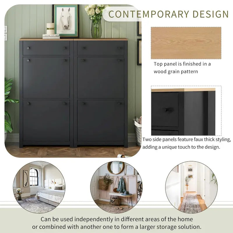 Slim Tipping Bucket Shoe Cabinet Set with 4 Flip Drawers, Wood Grain Pattern Top Shoe Storage Solution with Adjustable Panel