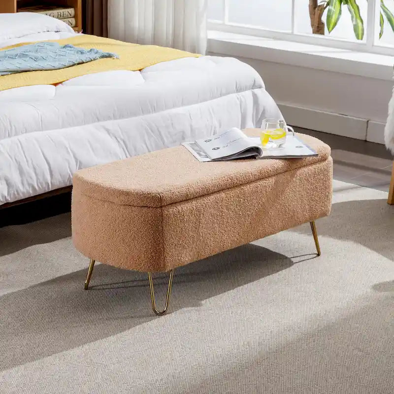 Oval Storage Ottoman Bench with Gold Legs by GDFStudio - 39.37L x15.75W x 15.50H
