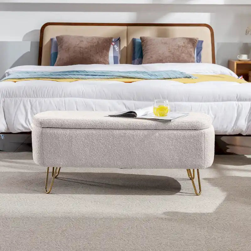 Oval Storage Ottoman Bench with Gold Legs by GDFStudio - 39.37L x15.75W x 15.50H
