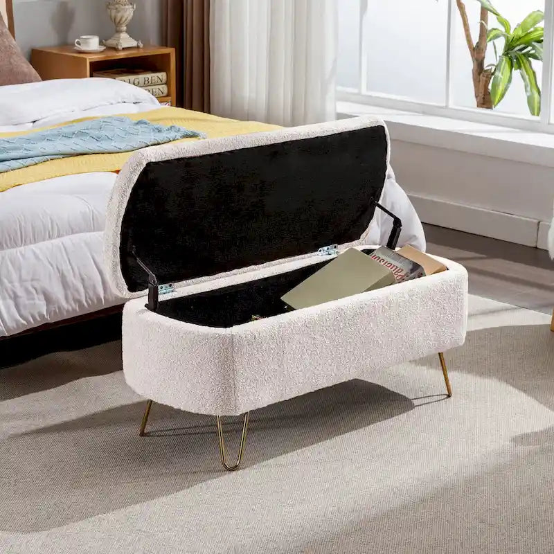 Oval Storage Ottoman Bench with Gold Legs by GDFStudio - 39.37L x15.75W x 15.50H