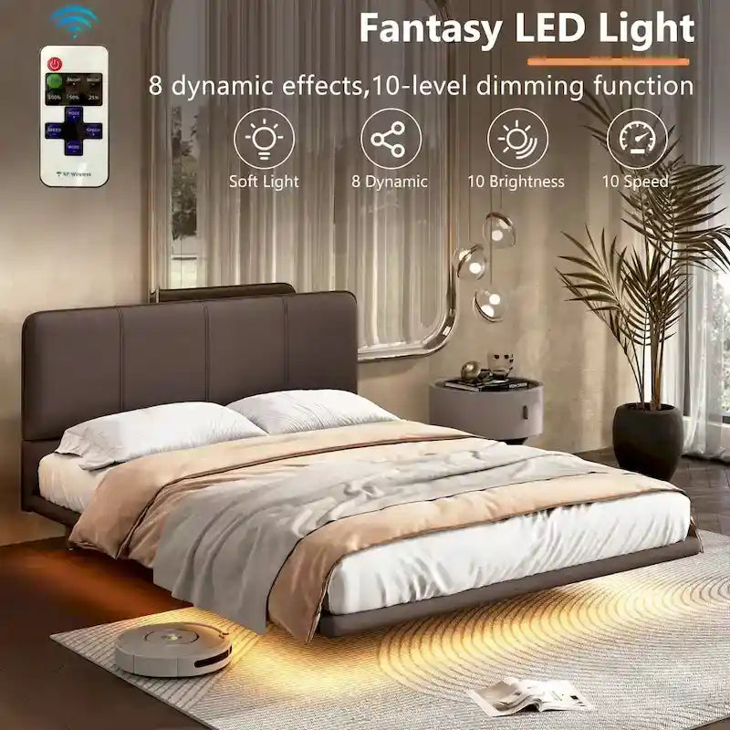 Korli Modern Upholstered Leather Floating Bedframe & Headboard Set with LED Lighting by Christopher Knight Home
