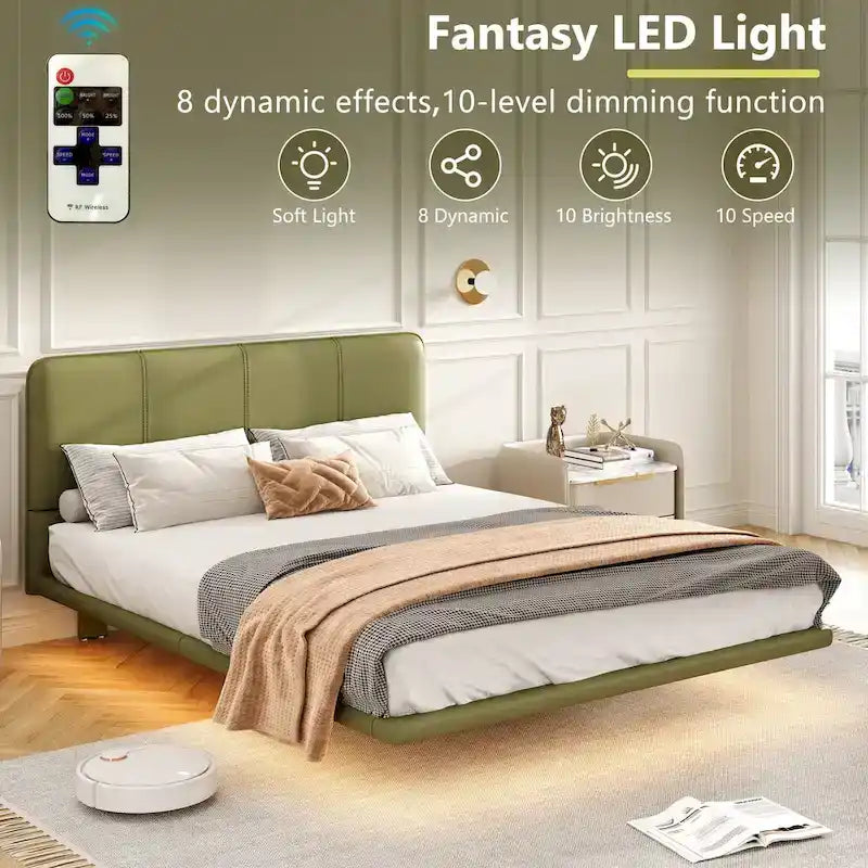 Korli Modern Upholstered Leather Floating Bedframe & Headboard Set with LED Lighting by Christopher Knight Home
