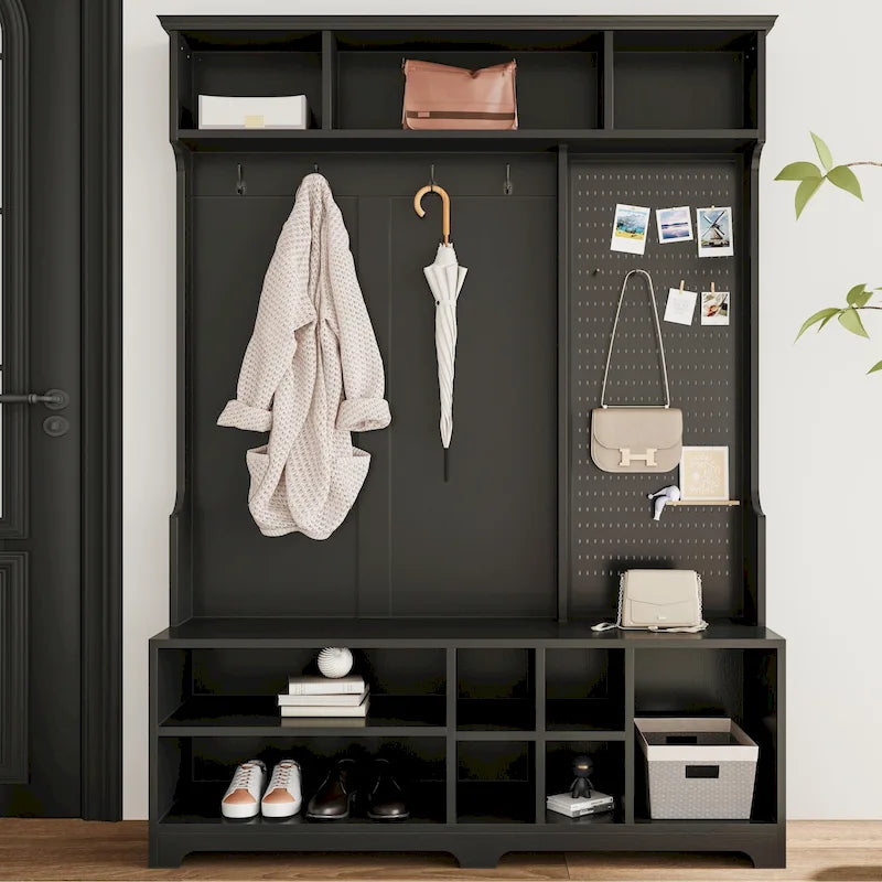 GDFStudio - Finn Multifunctional Hall Tree with Shoe Bench, Pegboard, and Ample Storage