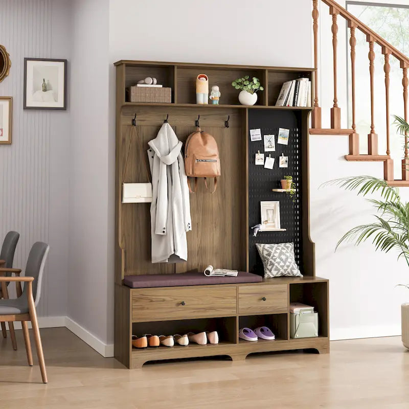 GDFStudio - Finn Multifunctional Hall Tree with Shoe Bench, Pegboard, and Ample Storage