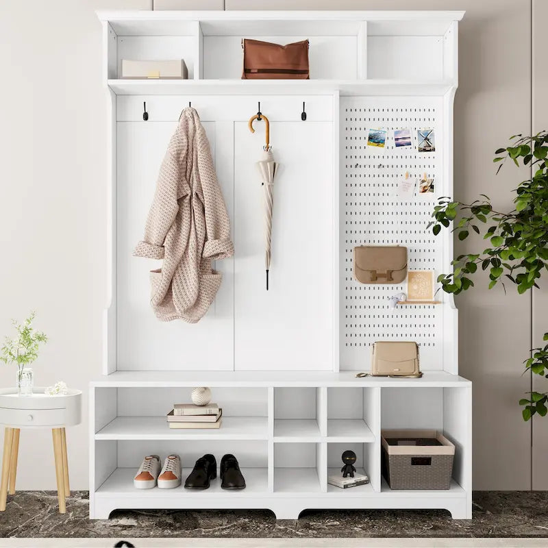 GDFStudio - Finn Multifunctional Hall Tree with Shoe Bench, Pegboard, and Ample Storage