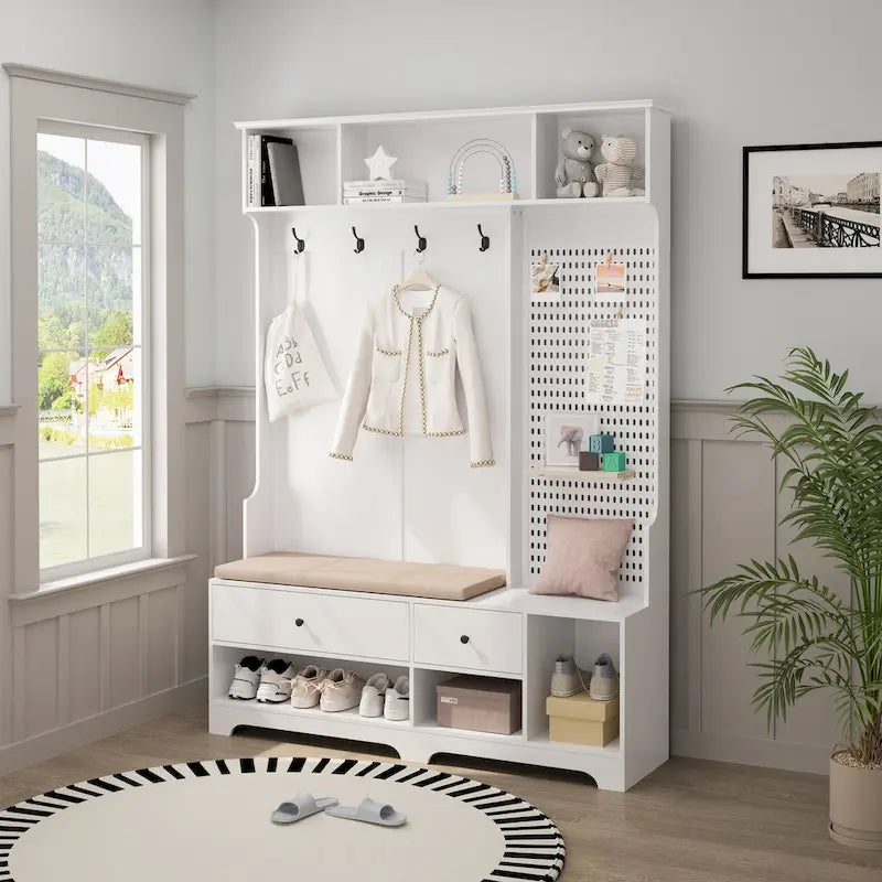 GDFStudio - Finn Multifunctional Hall Tree with Shoe Bench, Pegboard, and Ample Storage