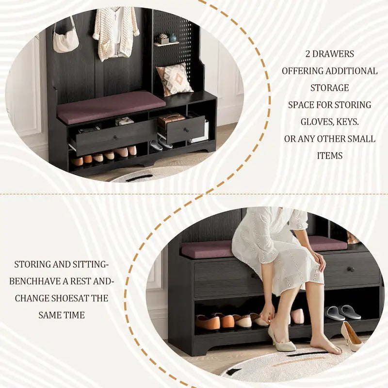 GDFStudio - Finn Multifunctional Hall Tree with Shoe Bench, Pegboard, and Ample Storage