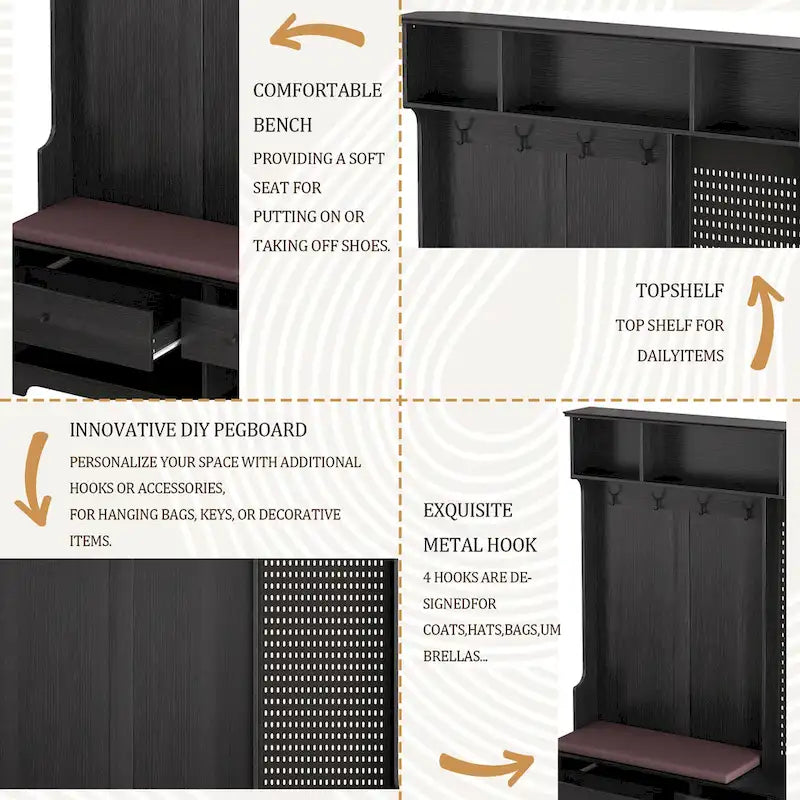 GDFStudio - Finn Multifunctional Hall Tree with Shoe Bench, Pegboard, and Ample Storage