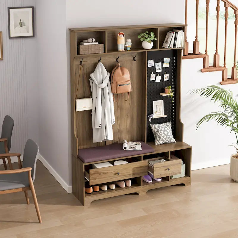 GDFStudio - Finn Multifunctional Hall Tree with Shoe Bench, Pegboard, and Ample Storage