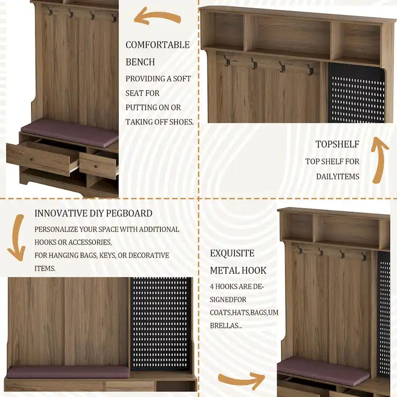 GDFStudio - Finn Multifunctional Hall Tree with Shoe Bench, Pegboard, and Ample Storage
