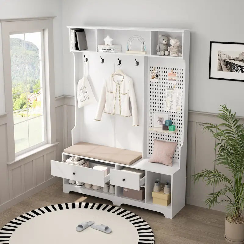 GDFStudio - Finn Multifunctional Hall Tree with Shoe Bench, Pegboard, and Ample Storage