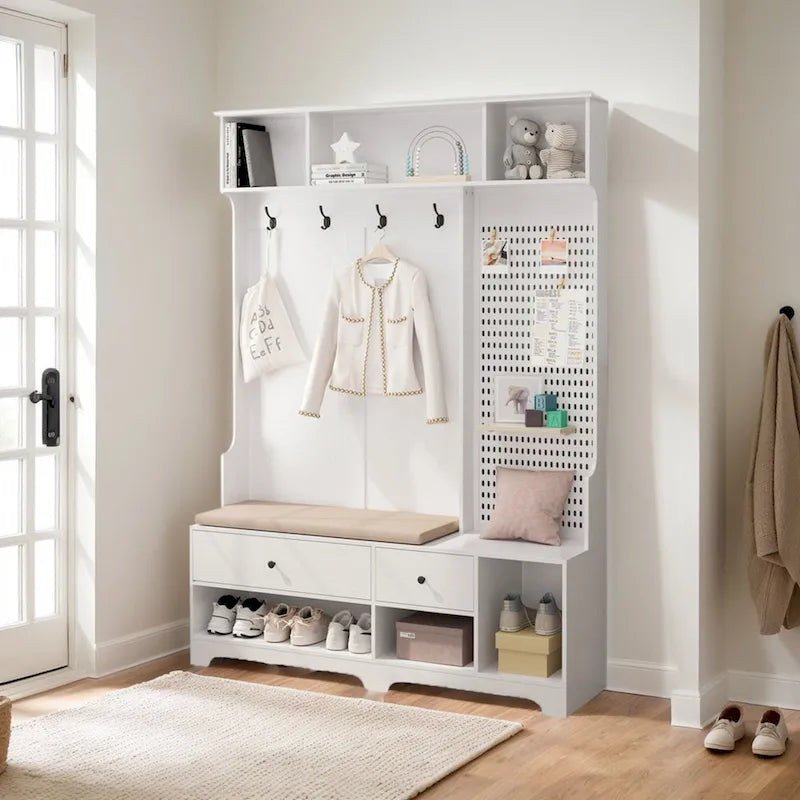 GDFStudio - Finn Multifunctional Hall Tree with Shoe Bench, Pegboard, and Ample Storage