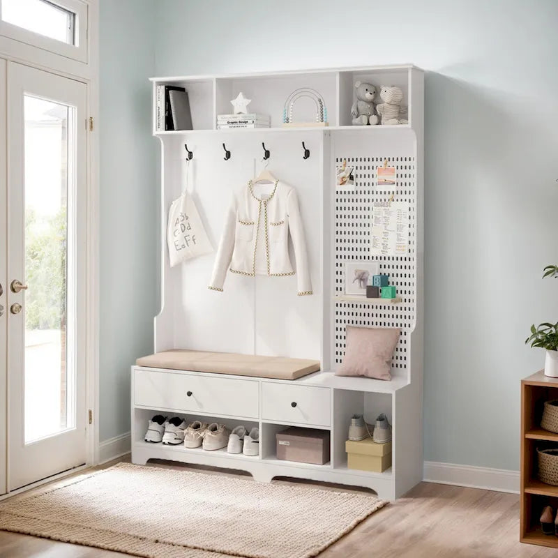 GDFStudio - Finn Multifunctional Hall Tree with Shoe Bench, Pegboard, and Ample Storage