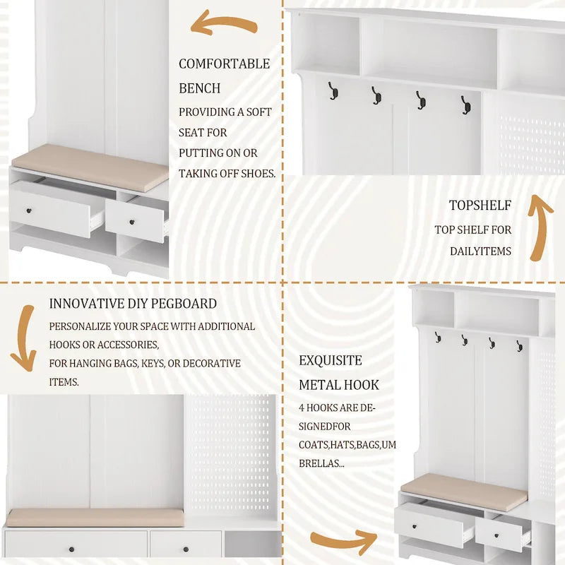 GDFStudio - Finn Multifunctional Hall Tree with Shoe Bench, Pegboard, and Ample Storage