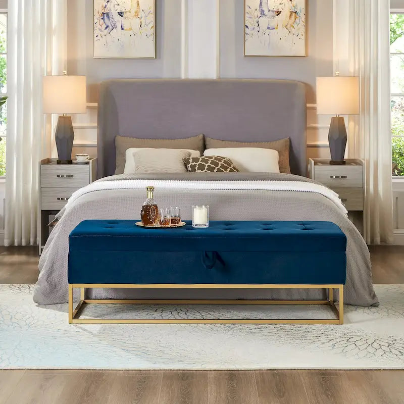 GDFStudio - Charlotte Velvet Tufted Storage Bench with Metal Base