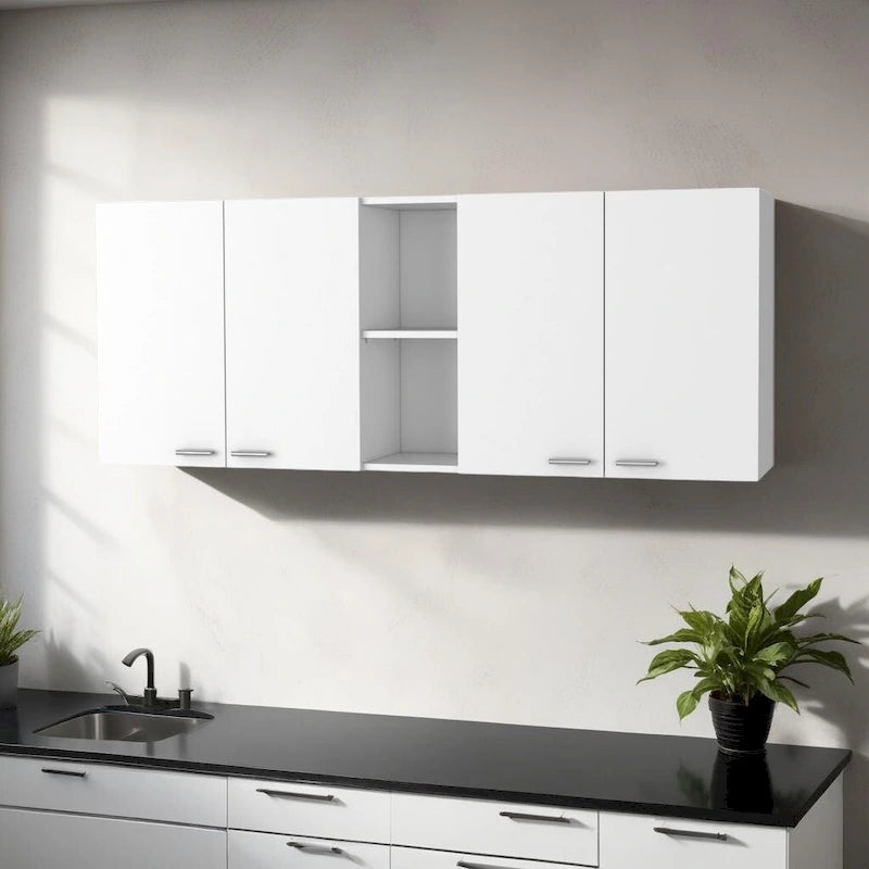 HomeRoots 59 White Wood Wall Mounted Accent Cabinet With Four Doors