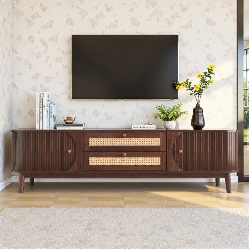 Rattan TV Stand for TVs Up to 75 , Media Console Entertainment Center with Solid Wood Legs