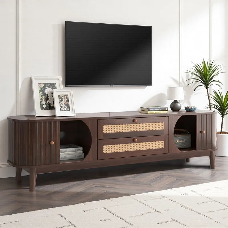 Rattan TV Stand for TVs Up to 75 , Media Console Entertainment Center with Solid Wood Legs