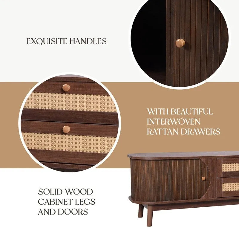 Rattan TV Stand for TVs Up to 75 , Media Console Entertainment Center with Solid Wood Legs