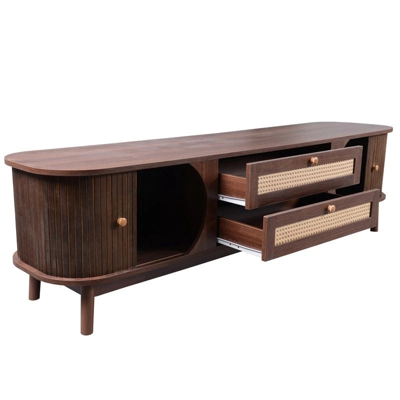 Rattan TV Stand for TVs Up to 75 , Media Console Entertainment Center with Solid Wood Legs
