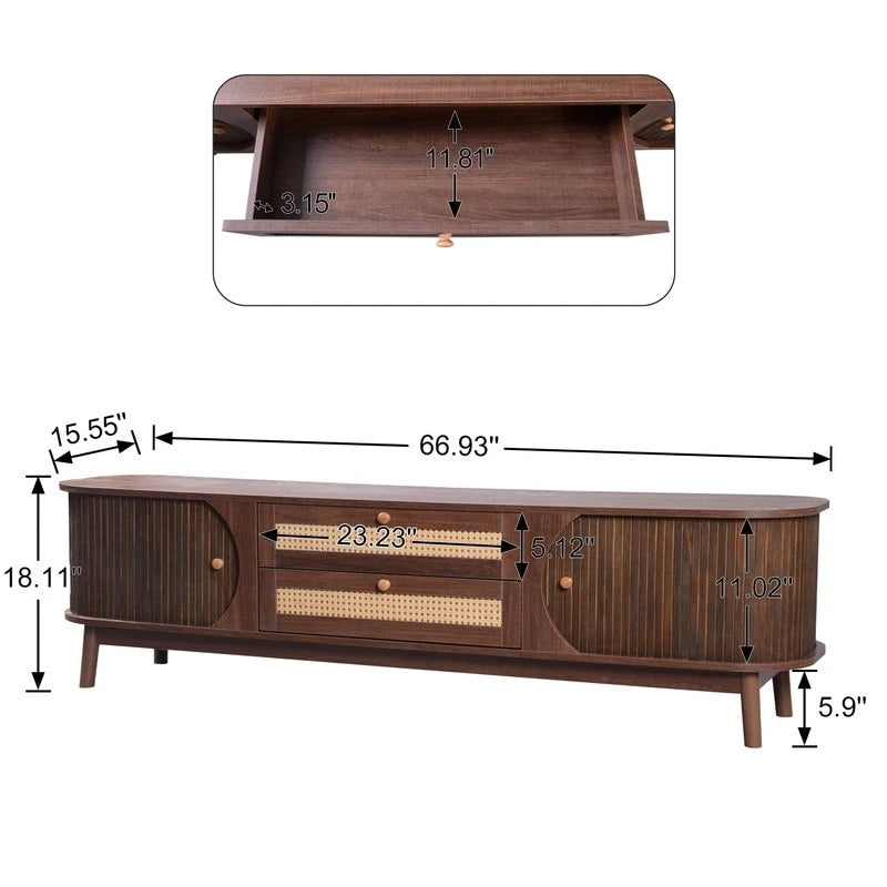 Rattan TV Stand for TVs Up to 75 , Media Console Entertainment Center with Solid Wood Legs