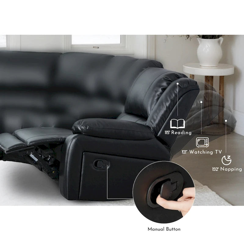 129 W 7-Seat Faux Leather Manual Recliner Large Sectional Reclining Sofa