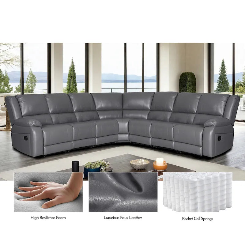 129 W 7-Seat Faux Leather Manual Recliner Large Sectional Reclining Sofa