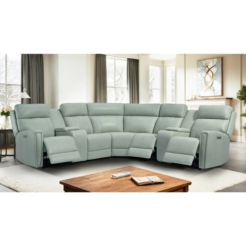 Genuine Leather Power Recliner Sectional Sofa with Ajustable Headrest, USB&USB-C Port