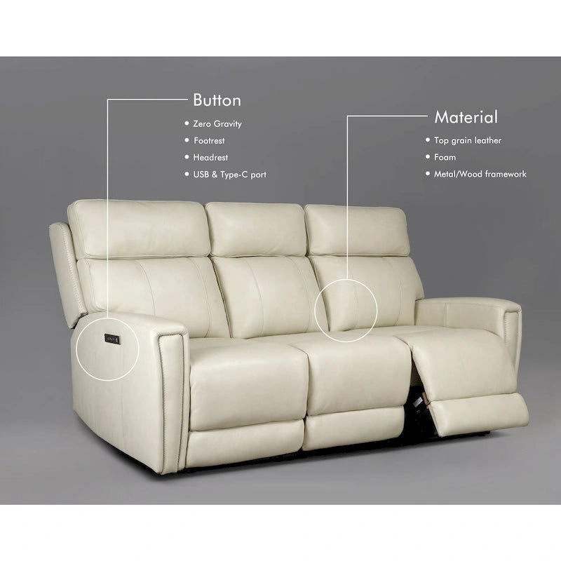 81.5  Genuine Leather Zero Gravity Power Recliner Sofa with Power Headrest, USB&USB-C Port