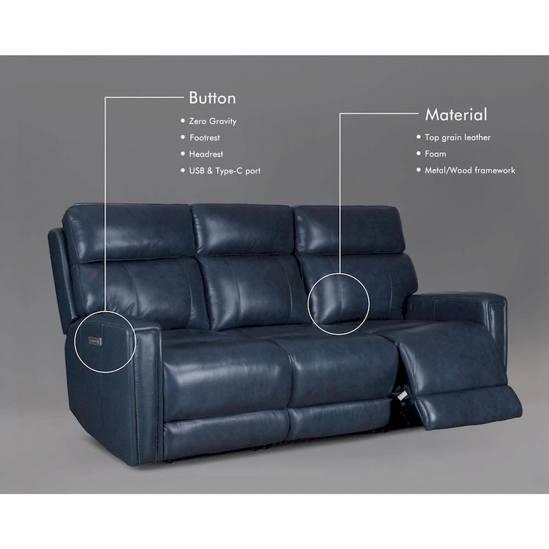81.5  Genuine Leather Zero Gravity Power Recliner Sofa with Power Headrest, USB&USB-C Port