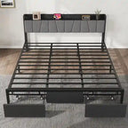 Bed Frame with Storage Headboard, Industrial Platform Bed with 2 Large Drawers and Charging Station, Black