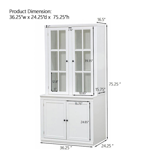 75.25 Tall Display Cabinet with Tempered Glass Double Doors, Traditional Style China Cabinet for Living Room, Kitchen, Home