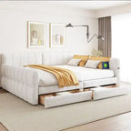 Upholstered Daybed with 2 Storage Drawers, Queen Size Sofa Bed Frame with USB Ports Design and Wood Slats Support